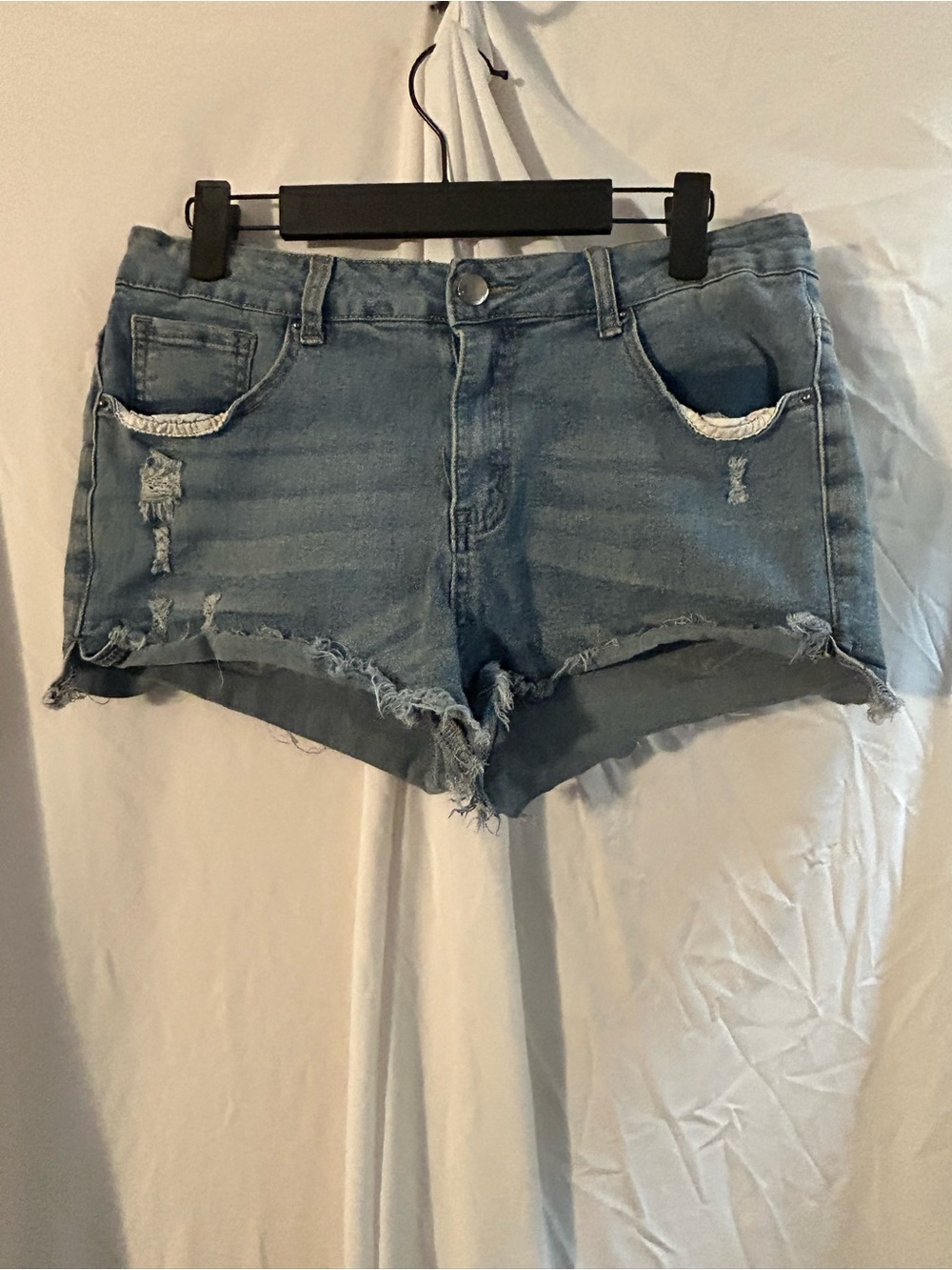 Women's Light Blue Distressed Denim Shorts with Frayed Hem